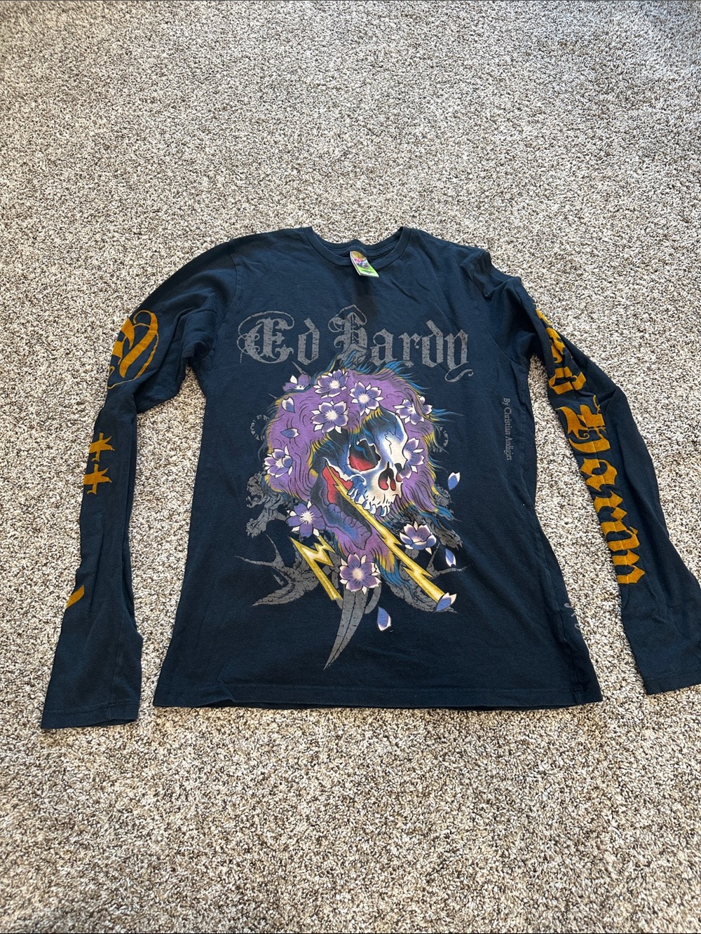 Ed Hardy Black Long-Sleeve Tee with Purple Floral Skull and Gold Sleeve Script